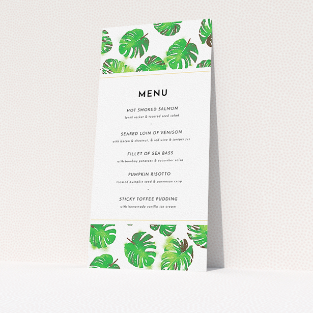 A wedding menu card template titled "Jungle Sky". It is a tall (DL) menu in a portrait orientation. "Jungle Sky" is available as a flat menu, with tones of green and white.