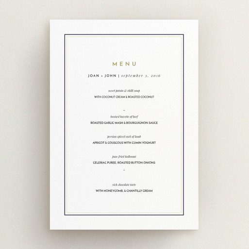 A wedding menu card design titled "Light Deco Border". It is an A5 menu in a portrait orientation. "Light Deco Border" is available as a flat menu, with tones of white and gold.