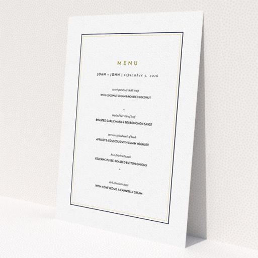 A wedding menu card design titled 'Light Deco Border'. It is an A5 menu in a portrait orientation. 'Light Deco Border' is available as a flat menu, with tones of white and gold.
