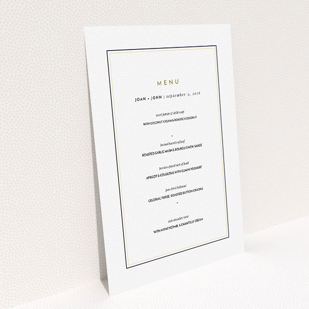A wedding menu card design titled "Light Deco Border". It is an A5 menu in a portrait orientation. "Light Deco Border" is available as a flat menu, with tones of white and gold.