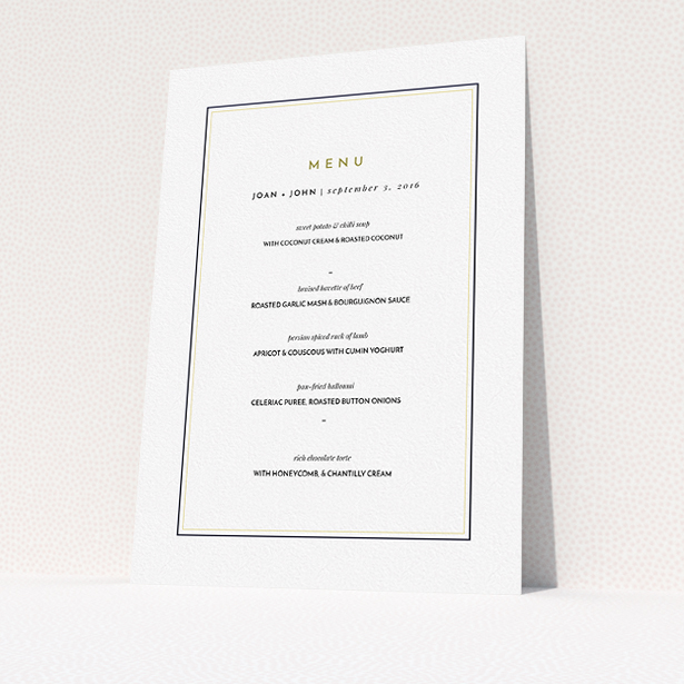 A wedding menu card design titled "Light Deco Border". It is an A5 menu in a portrait orientation. "Light Deco Border" is available as a flat menu, with tones of white and gold.