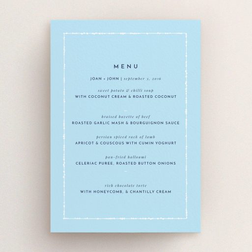 Wedding Menu Card Design - "Living Border" A wedding menu card design named "Living Border". It is an A5 menu in a portrait orientation. "Living Border" is available as a flat menu, with tones of blue and white.