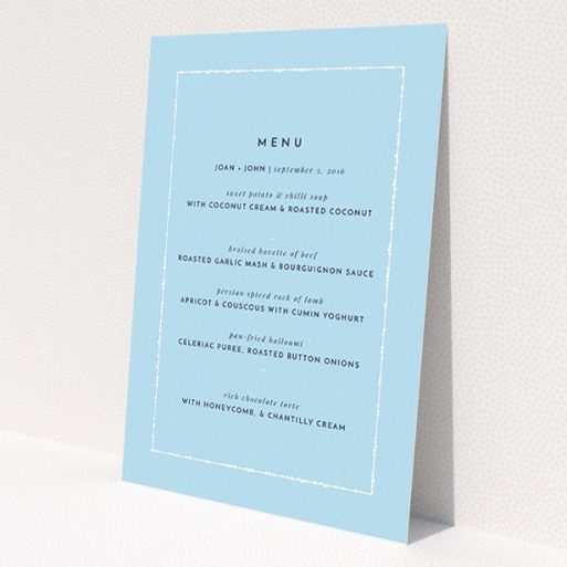 A wedding menu card design named 'Living Border'. It is an A5 menu in a portrait orientation. 'Living Border' is available as a flat menu, with tones of blue and white.