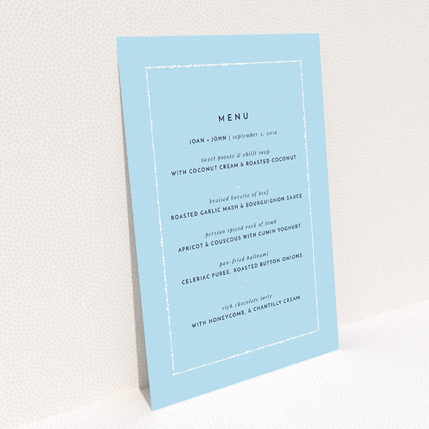 A wedding menu card design named "Living Border". It is an A5 menu in a portrait orientation. "Living Border" is available as a flat menu, with tones of blue and white.