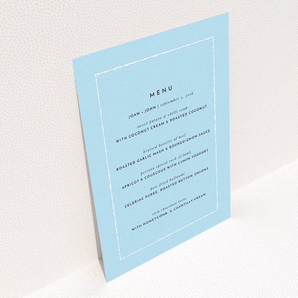 A wedding menu card design named "Living Border". It is an A5 menu in a portrait orientation. "Living Border" is available as a flat menu, with tones of blue and white.