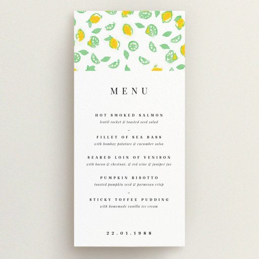 A wedding menu card design named "Madeira". It is a tall (DL) menu in a portrait orientation. "Madeira" is available as a flat menu, with tones of green and yellow.