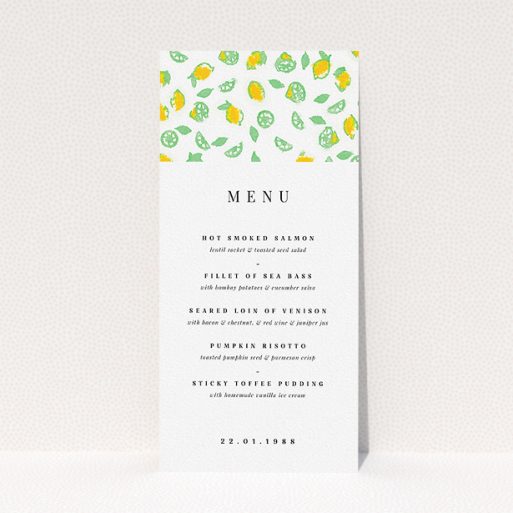 A wedding menu card design named "Madeira". It is a tall (DL) menu in a portrait orientation. "Madeira" is available as a flat menu, with tones of green and yellow.