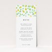 A wedding menu card design named "Madeira". It is a tall (DL) menu in a portrait orientation. "Madeira" is available as a flat menu, with tones of green and yellow.