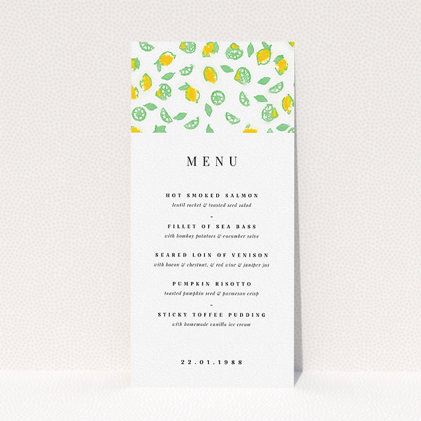 A wedding menu card design named "Madeira". It is a tall (DL) menu in a portrait orientation. "Madeira" is available as a flat menu, with tones of green and yellow.