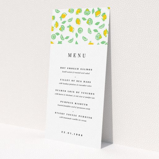 A wedding menu card design named 'Madeira'. It is a tall (DL) menu in a portrait orientation. 'Madeira' is available as a flat menu, with tones of green and yellow.