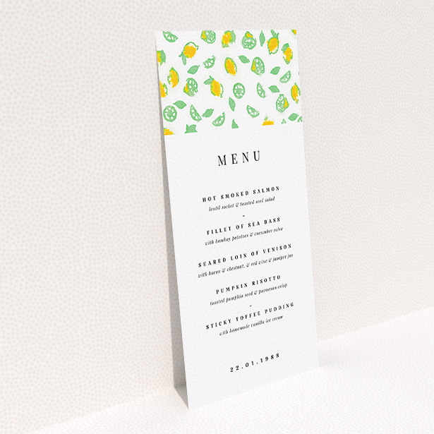 A wedding menu card design named "Madeira". It is a tall (DL) menu in a portrait orientation. "Madeira" is available as a flat menu, with tones of green and yellow.