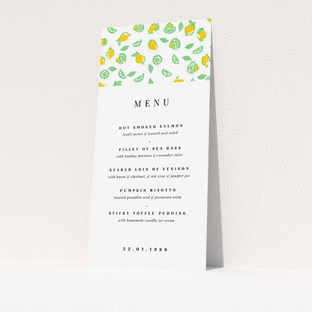 A wedding menu card design named "Madeira". It is a tall (DL) menu in a portrait orientation. "Madeira" is available as a flat menu, with tones of green and yellow.