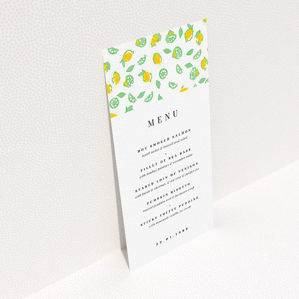 A wedding menu card design named "Madeira". It is a tall (DL) menu in a portrait orientation. "Madeira" is available as a flat menu, with tones of green and yellow.