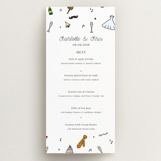 Wedding Menu Card Design - "Matrimonial Doodles" A wedding menu card called "Matrimonial Doodles". It is a tall (DL) menu in a portrait orientation. "Matrimonial Doodles" is available as a flat menu, with tones of white and red.