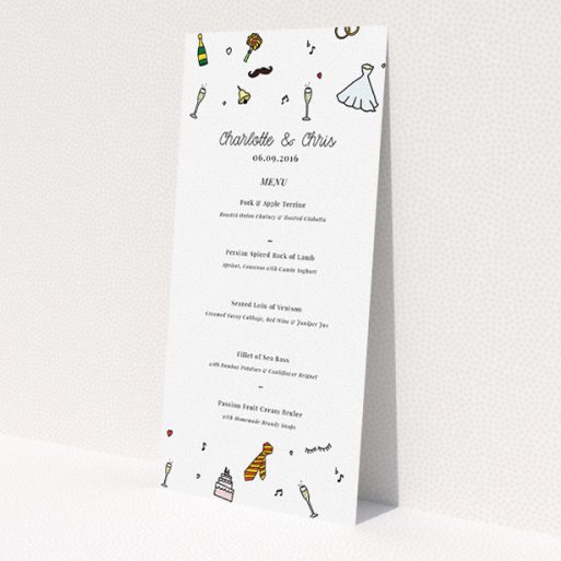 A wedding menu card called 'Matrimonial Doodles'. It is a tall (DL) menu in a portrait orientation. 'Matrimonial Doodles' is available as a flat menu, with tones of white and red.