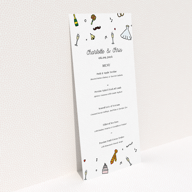 A wedding menu card called "Matrimonial Doodles". It is a tall (DL) menu in a portrait orientation. "Matrimonial Doodles" is available as a flat menu, with tones of white and red.
