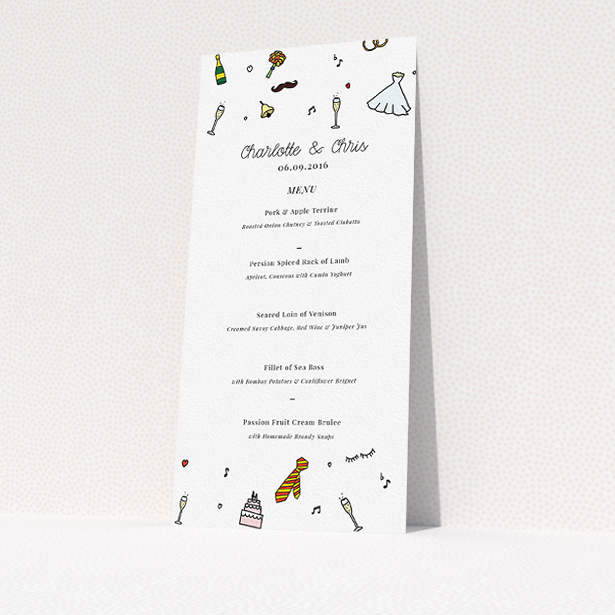 A wedding menu card called "Matrimonial Doodles". It is a tall (DL) menu in a portrait orientation. "Matrimonial Doodles" is available as a flat menu, with tones of white and red.