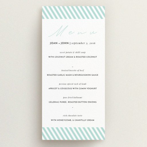 Wedding Menu Card Design - "Mint Diagonals" A wedding menu card named "Mint Diagonals". It is a tall (DL) menu in a portrait orientation. "Mint Diagonals" is available as a flat menu, with tones of green and white.