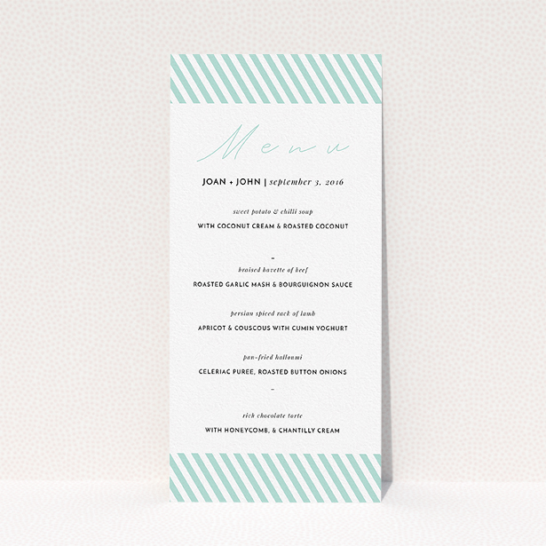 A wedding menu card named "Mint Diagonals". It is a tall (DL) menu in a portrait orientation. "Mint Diagonals" is available as a flat menu, with tones of green and white.
