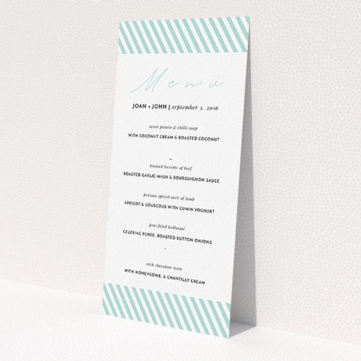 A wedding menu card named 'Mint Diagonals'. It is a tall (DL) menu in a portrait orientation. 'Mint Diagonals' is available as a flat menu, with tones of green and white.