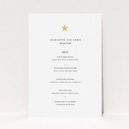 A wedding menu card design titled "North Star". It is an A5 menu in a portrait orientation. "North Star" is available as a flat menu, with tones of white and gold.