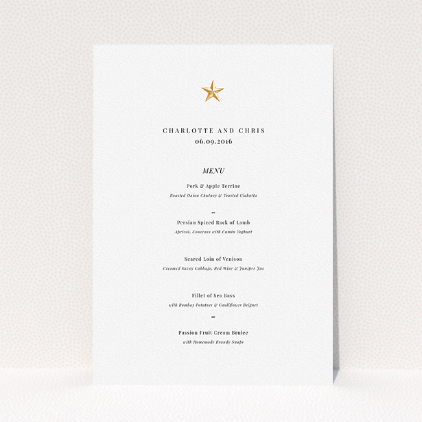 A wedding menu card design titled "North Star". It is an A5 menu in a portrait orientation. "North Star" is available as a flat menu, with tones of white and gold.