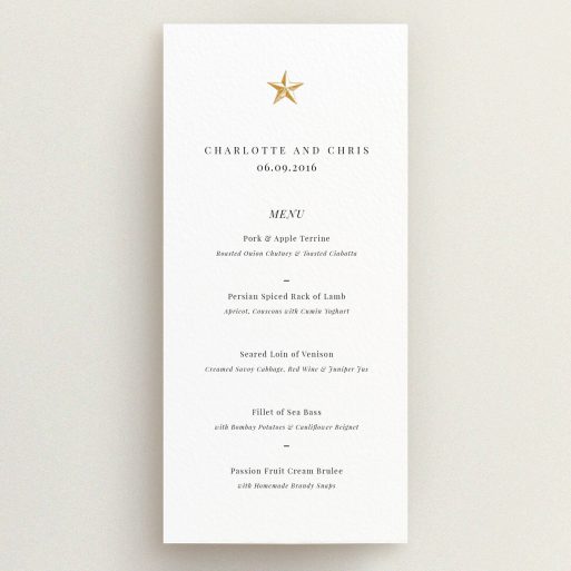 A wedding menu card template titled "North Star". It is a tall (DL) menu in a portrait orientation. "North Star" is available as a flat menu, with tones of white and gold.