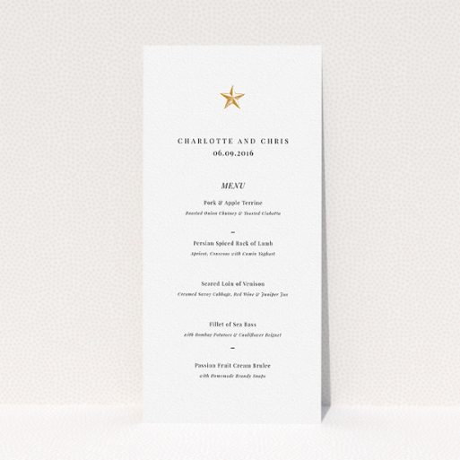 A wedding menu card template titled "North Star". It is a tall (DL) menu in a portrait orientation. "North Star" is available as a flat menu, with tones of white and gold.