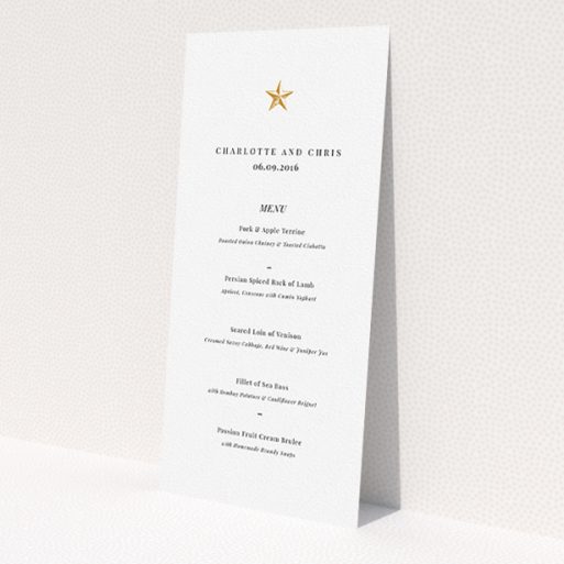 A wedding menu card template titled 'North Star'. It is a tall (DL) menu in a portrait orientation. 'North Star' is available as a flat menu, with tones of white and gold.