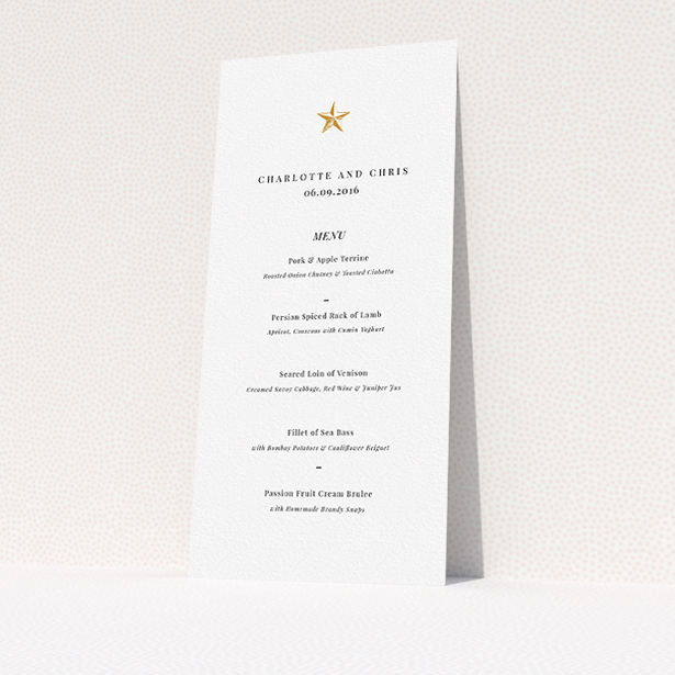 A wedding menu card template titled "North Star". It is a tall (DL) menu in a portrait orientation. "North Star" is available as a flat menu, with tones of white and gold.