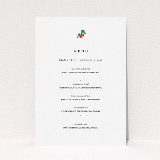 A wedding menu card named "Oil Berries". It is an A5 menu in a portrait orientation. "Oil Berries" is available as a flat menu, with tones of white and green.