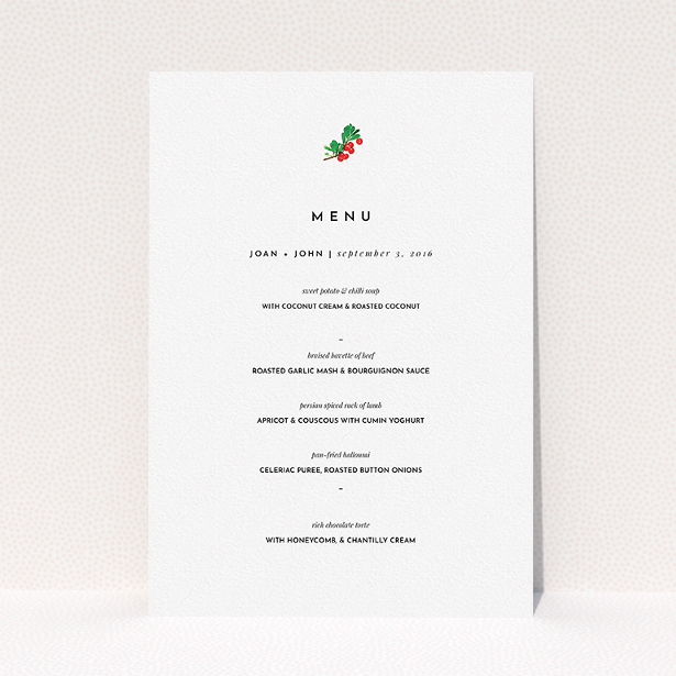 A wedding menu card named "Oil Berries". It is an A5 menu in a portrait orientation. "Oil Berries" is available as a flat menu, with tones of white and green.