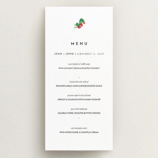 Wedding Menu Card Design - "Oil Berries" A wedding menu card called "Oil Berries". It is a tall (DL) menu in a portrait orientation. "Oil Berries" is available as a flat menu, with tones of white and green.