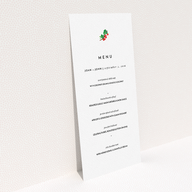 A wedding menu card called "Oil Berries". It is a tall (DL) menu in a portrait orientation. "Oil Berries" is available as a flat menu, with tones of white and green.
