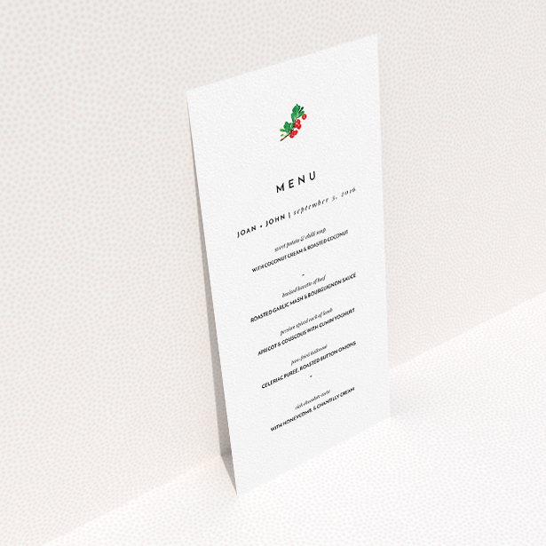 A wedding menu card called "Oil Berries". It is a tall (DL) menu in a portrait orientation. "Oil Berries" is available as a flat menu, with tones of white and green.
