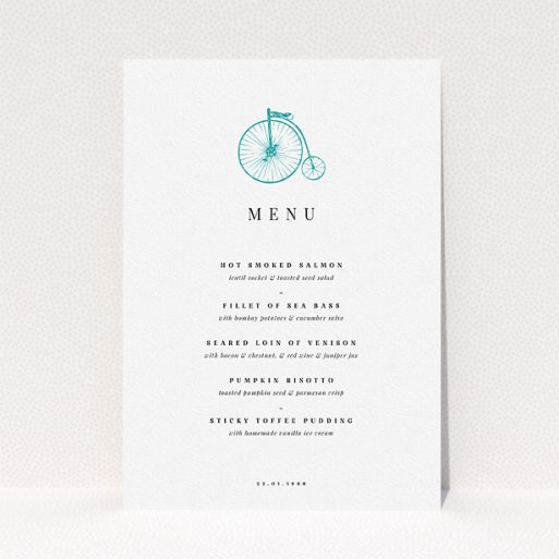A wedding menu card design called "On your bike new". It is an A5 menu in a portrait orientation. "On your bike new" is available as a flat menu, with tones of white and blue.