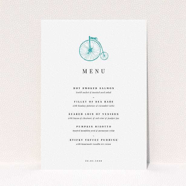 A wedding menu card design called "On your bike new". It is an A5 menu in a portrait orientation. "On your bike new" is available as a flat menu, with tones of white and blue.