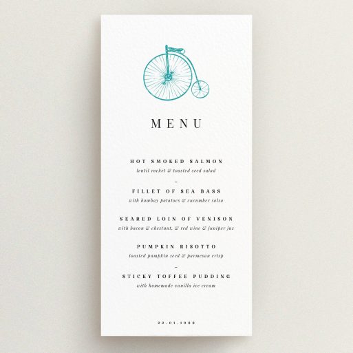 A wedding menu card called "On your bike new". It is a tall (DL) menu in a portrait orientation. "On your bike new" is available as a flat menu, with tones of white and blue.