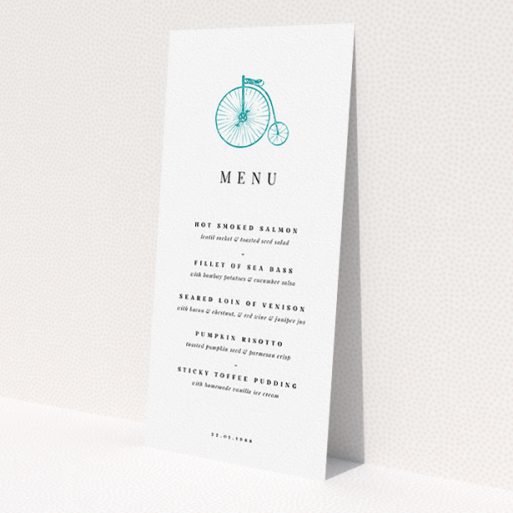 A wedding menu card called 'On your bike new'. It is a tall (DL) menu in a portrait orientation. 'On your bike new' is available as a flat menu, with tones of white and blue.