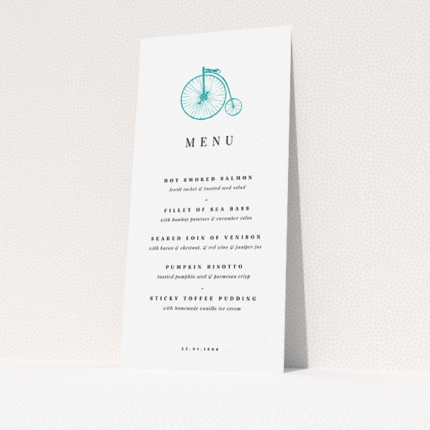 A wedding menu card called "On your bike new". It is a tall (DL) menu in a portrait orientation. "On your bike new" is available as a flat menu, with tones of white and blue.
