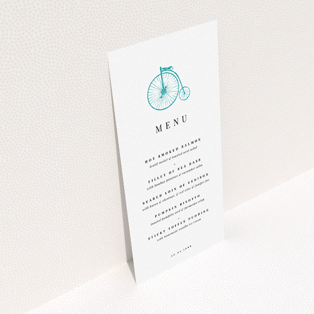 A wedding menu card called "On your bike new". It is a tall (DL) menu in a portrait orientation. "On your bike new" is available as a flat menu, with tones of white and blue.
