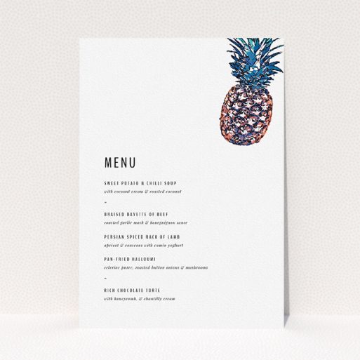 A wedding menu card template titled "One little pineapple". It is an A5 menu in a portrait orientation. "One little pineapple" is available as a flat menu, with tones of white and green.