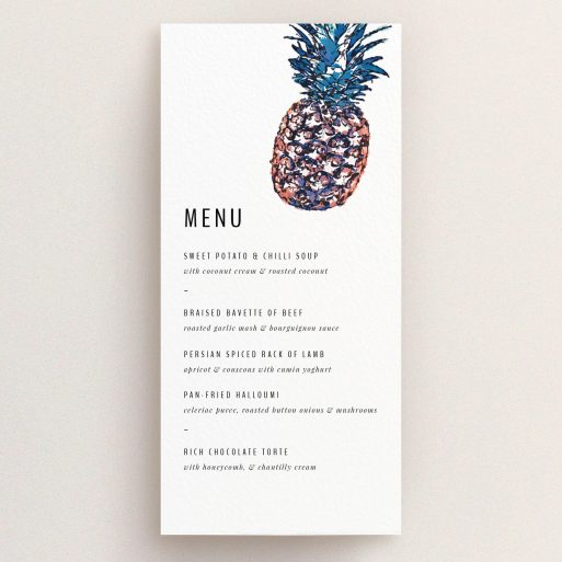 Wedding Menu Card Design - "One little pineapple" A wedding menu card template titled "One little pineapple". It is a tall (DL) menu in a portrait orientation. "One little pineapple" is available as a flat menu, with tones of white and green.