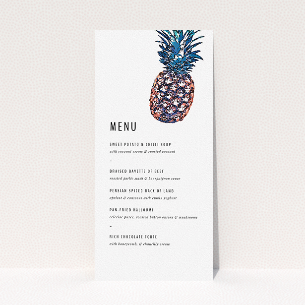 A wedding menu card template titled "One little pineapple". It is a tall (DL) menu in a portrait orientation. "One little pineapple" is available as a flat menu, with tones of white and green.