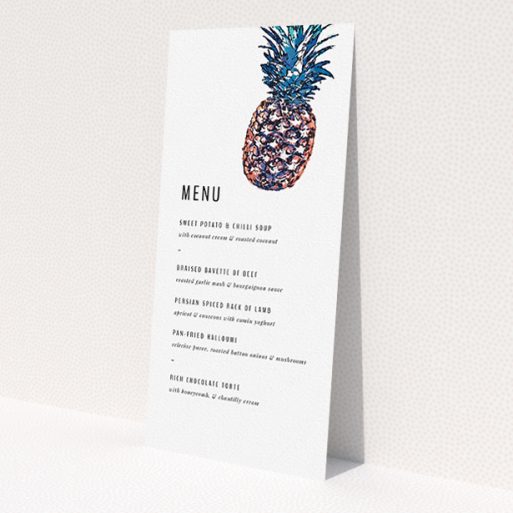 A wedding menu card template titled 'One little pineapple'. It is a tall (DL) menu in a portrait orientation. 'One little pineapple' is available as a flat menu, with tones of white and green.