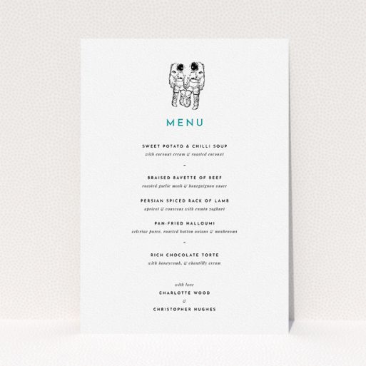 A wedding menu card called "One small step". It is an A5 menu in a portrait orientation. "One small step" is available as a flat menu, with tones of white and green.