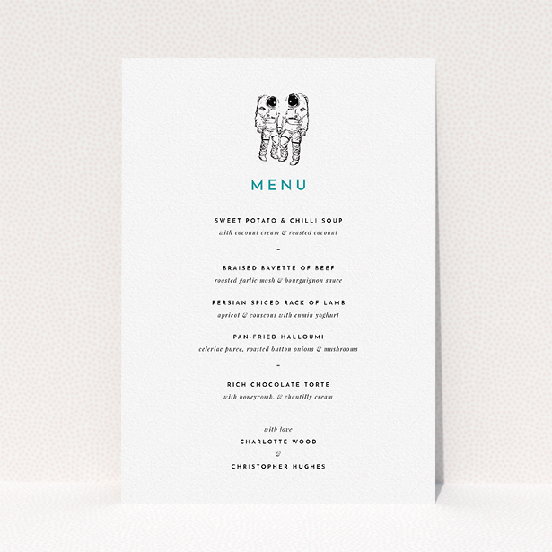 A wedding menu card called "One small step". It is an A5 menu in a portrait orientation. "One small step" is available as a flat menu, with tones of white and green.