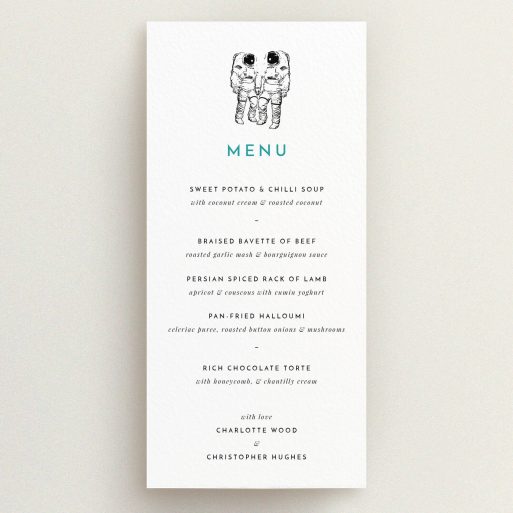 Wedding Menu Card Design - "One small step" A wedding menu card design titled "One small step". It is a tall (DL) menu in a portrait orientation. "One small step" is available as a flat menu, with tones of white and green.