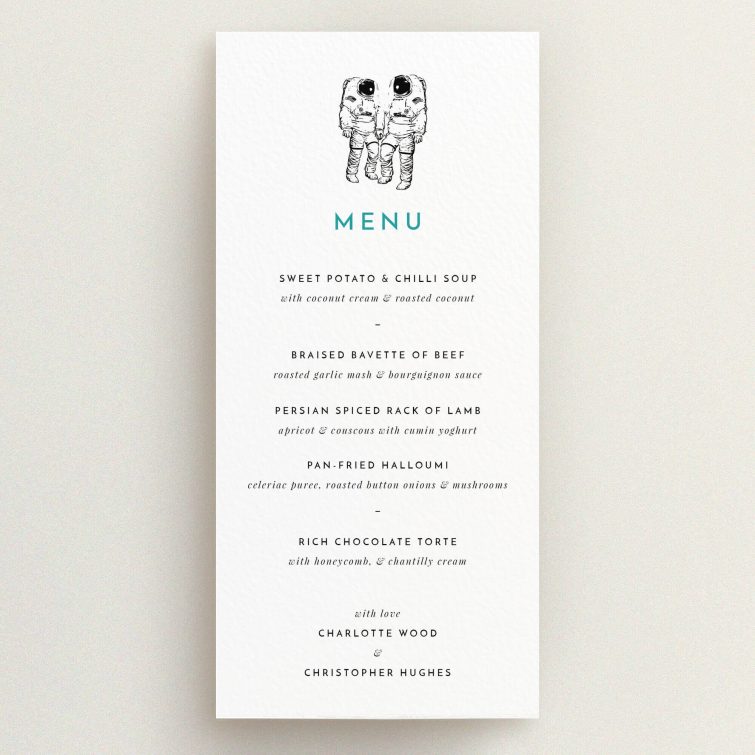 A wedding menu card design titled "One small step". It is a tall (DL) menu in a portrait orientation. "One small step" is available as a flat menu, with tones of white and green.
