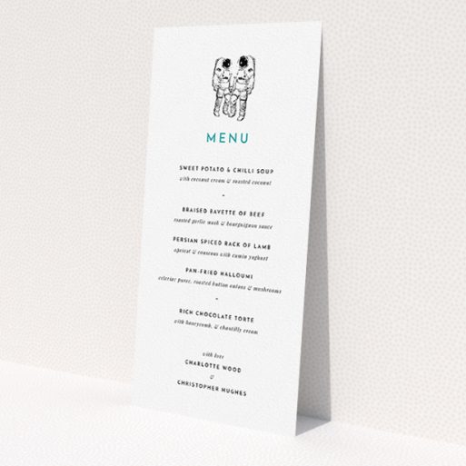 A wedding menu card design titled 'One small step'. It is a tall (DL) menu in a portrait orientation. 'One small step' is available as a flat menu, with tones of white and green.